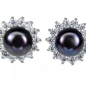 Natural Cultured Pearl 9mm & CZ 925 Sterling Silver Jewelry Earrings